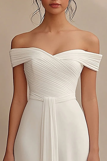 Off The Shoulder Sheath Ivory Wedding Dress with Sash